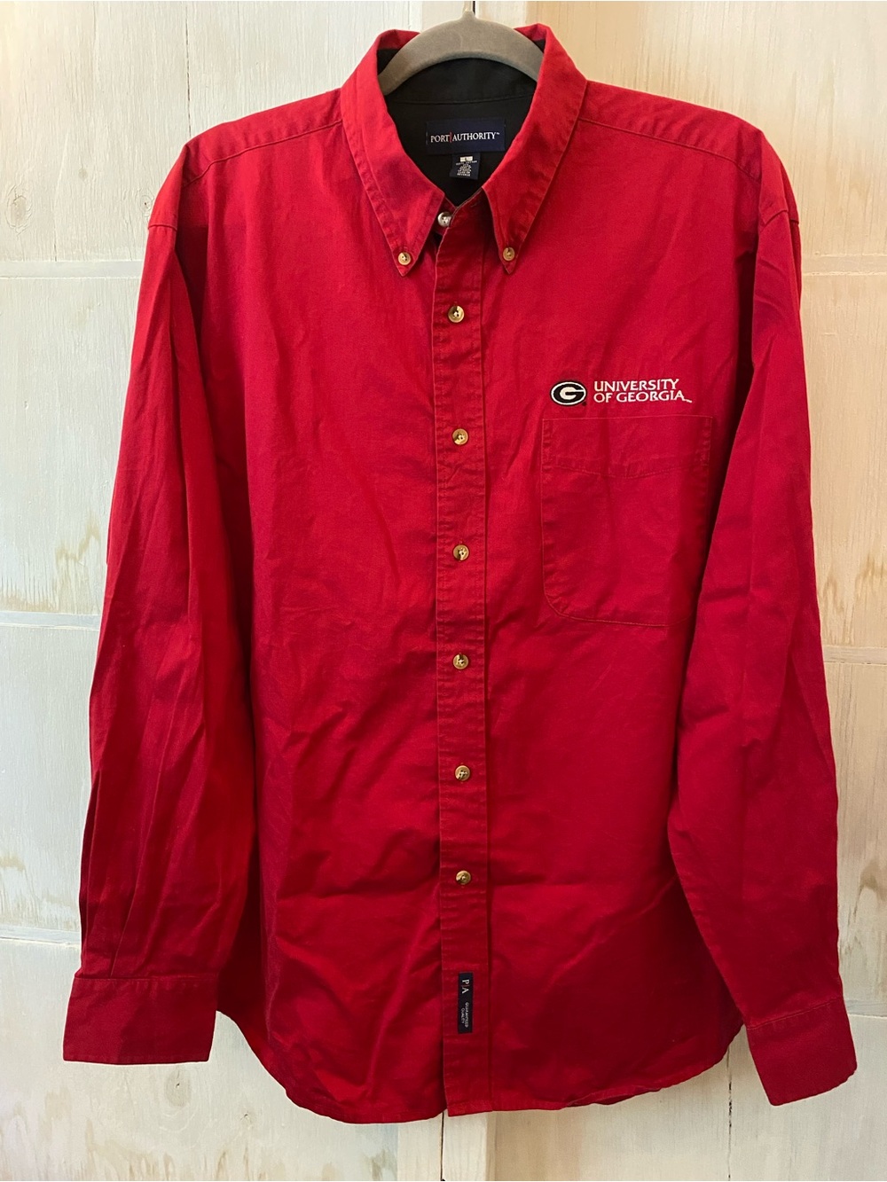 Vtg UGA Port Authority Red Long-Sleeve Button-Down L Shirt Pocket Fall Football